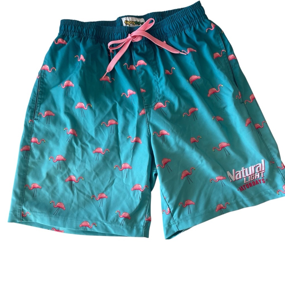 Tipsy Elves Flamingo Natural Light Naturdays Blue Pink Swim Trunks Small Preppy